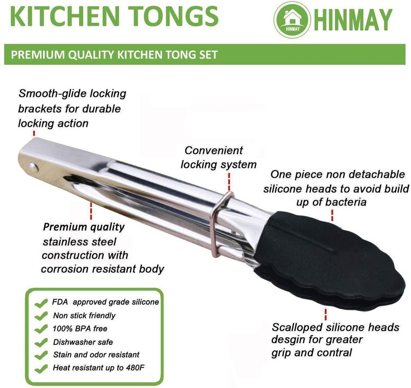 HINMAY Mini Tongs with Silicone Tips 7-Inch Kitchen Tongs, Set of 3 (Black) - Image 2